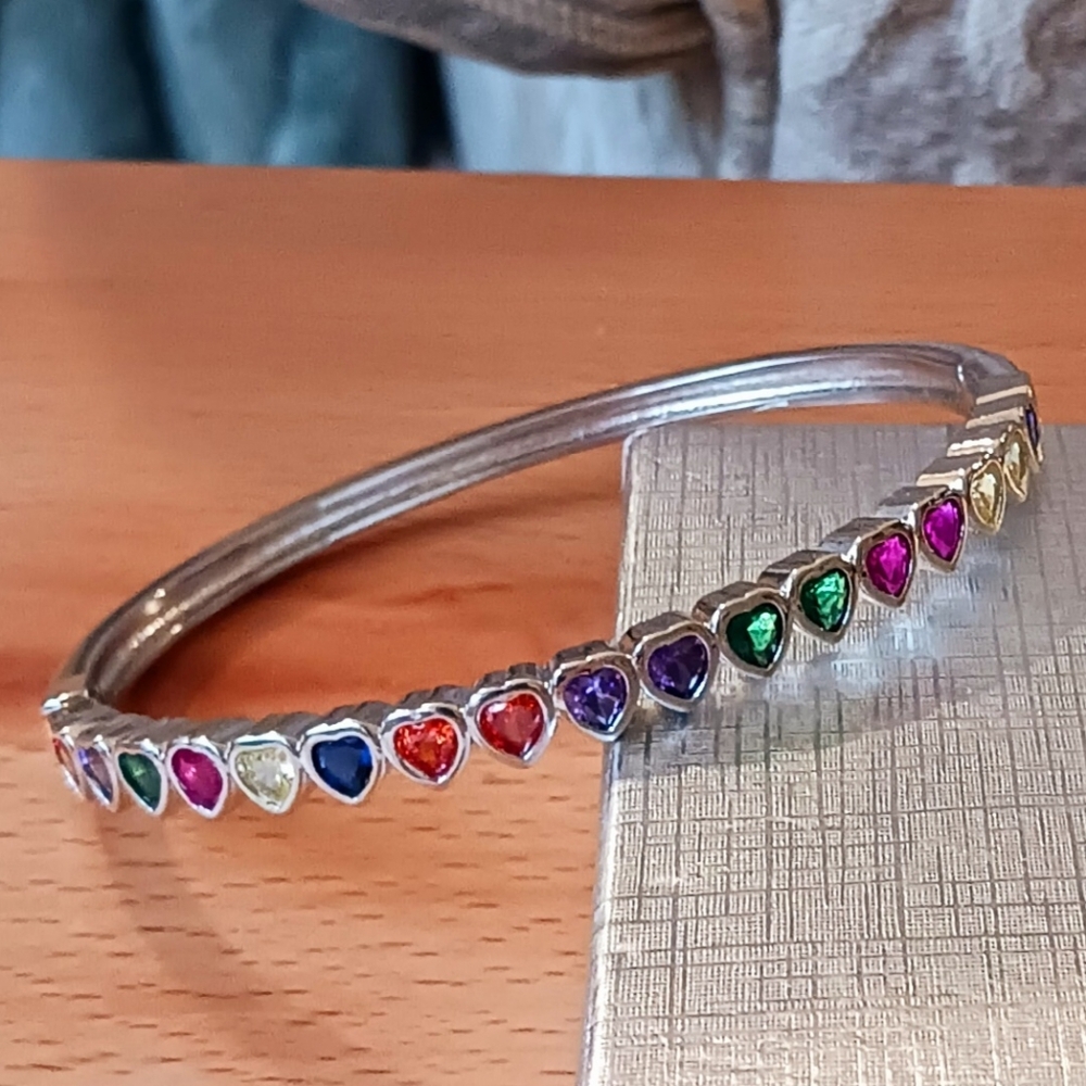 STERLING Silver Bangle Bracelet with Sparkling Colorful Heart Shaped Gemstones - Picture 8 of 15